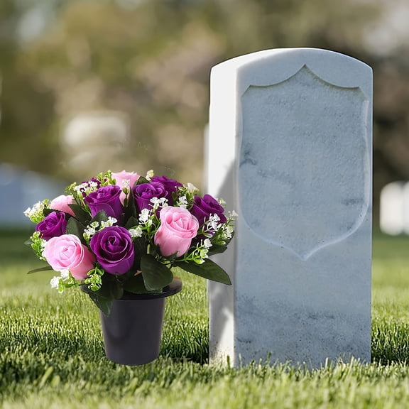 Artificial Cemetery Flowers for Grave, 12 Heads Artificial Roses Flowers With Pot, Memorial Day Flowers for Cemetery, Outdoor Grave Decorations