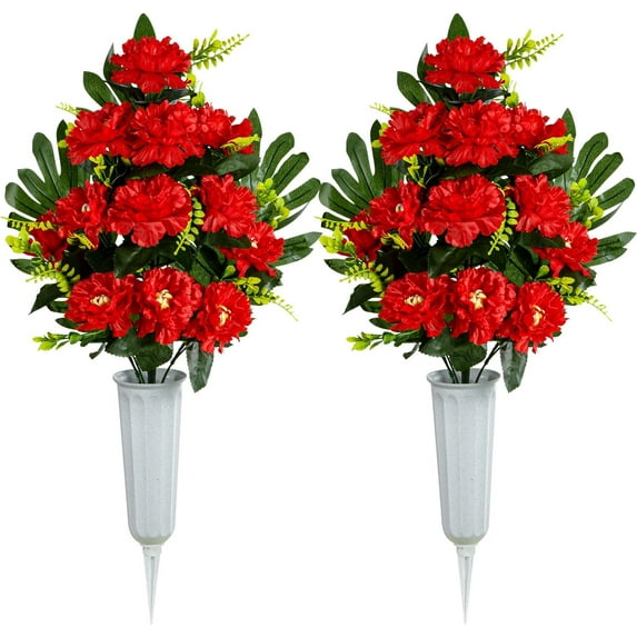Artificial Cemetery Flowers for Grave, Set of 2 Artificial Memorial Peony Flowers with Vase for Graveyard Cemetery Gravestone Decoration (Red)