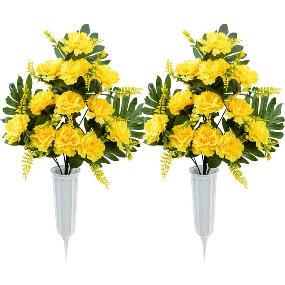 Artificial Cemetery Flowers for Grave, Set of Artificial Memorial Peony Flowers with Vase for Graveyard Cemetery Gravestone Decoration (Yellow)
