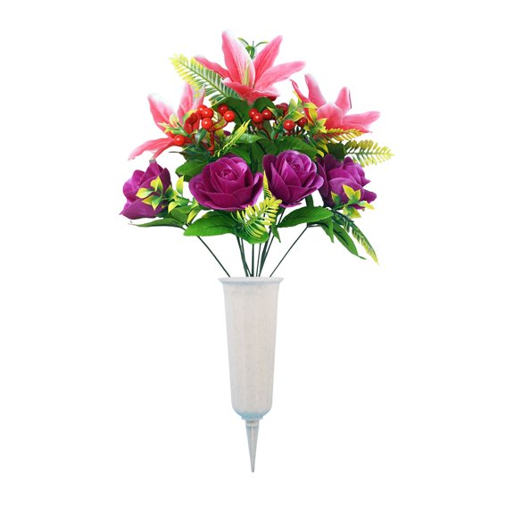Artificial Cemetery Flowers with Vase,1 Pack Artificial Rose Lily Grave Bouquet,Silk Memorial Flowers for Cemetery Headstones Decoration Dark Violet