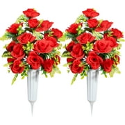 HANGTANWAN Artificial Cemetery Flowers with Vase, Set of 2 Artificial Rose Bouquet Graveyard Memorial Flowers for Cemetery Headstones Decoration (Red-2Pcs)