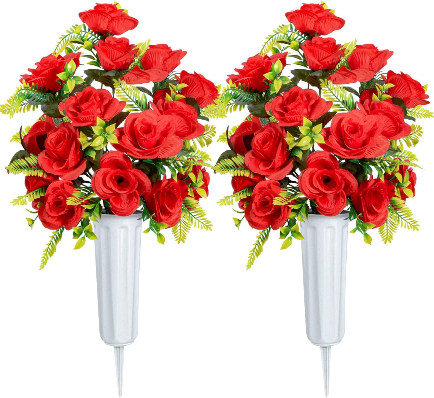 Artificial Cemetery Flowers with Vase, Set of 2 Artificial Rose Bouquet Graveyard Memorial Flowers for Cemetery Headstones Decoration (Yellow-2Pcs)