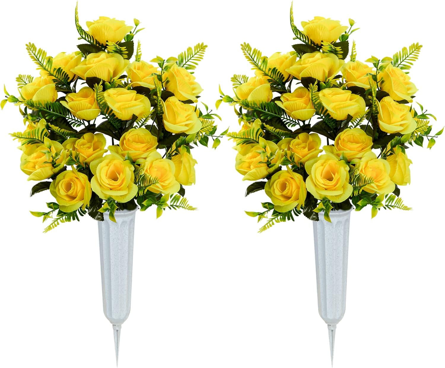 Artificial Cemetery Flowers with Vase, Set of 2 Artificial Rose Bouquet Graveyard Memorial Flowers for Cemetery Headstones Decoration (Yellow-2Pcs)