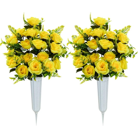 Artificial Cemetery Flowers with Vase, Set of 2 Artificial Rose Bouquet Graveyard Memorial Flowers for Cemetery Headstones Decoration (Yellow-2Pcs)