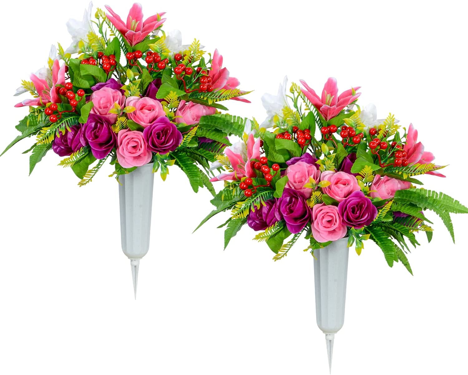 Artificial Cemetery Flowers with Vase, Set of 2 Artificial Rose Lily Bouquet Graveyard Memorial Flowers for Cemetery Headstones Decoration