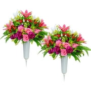 HANGTANWAN Artificial Cemetery Flowers with Vase, Set of 2 Artificial Rose Lily Bouquet Graveyard Memorial Flowers for Cemetery Headstones Decoration