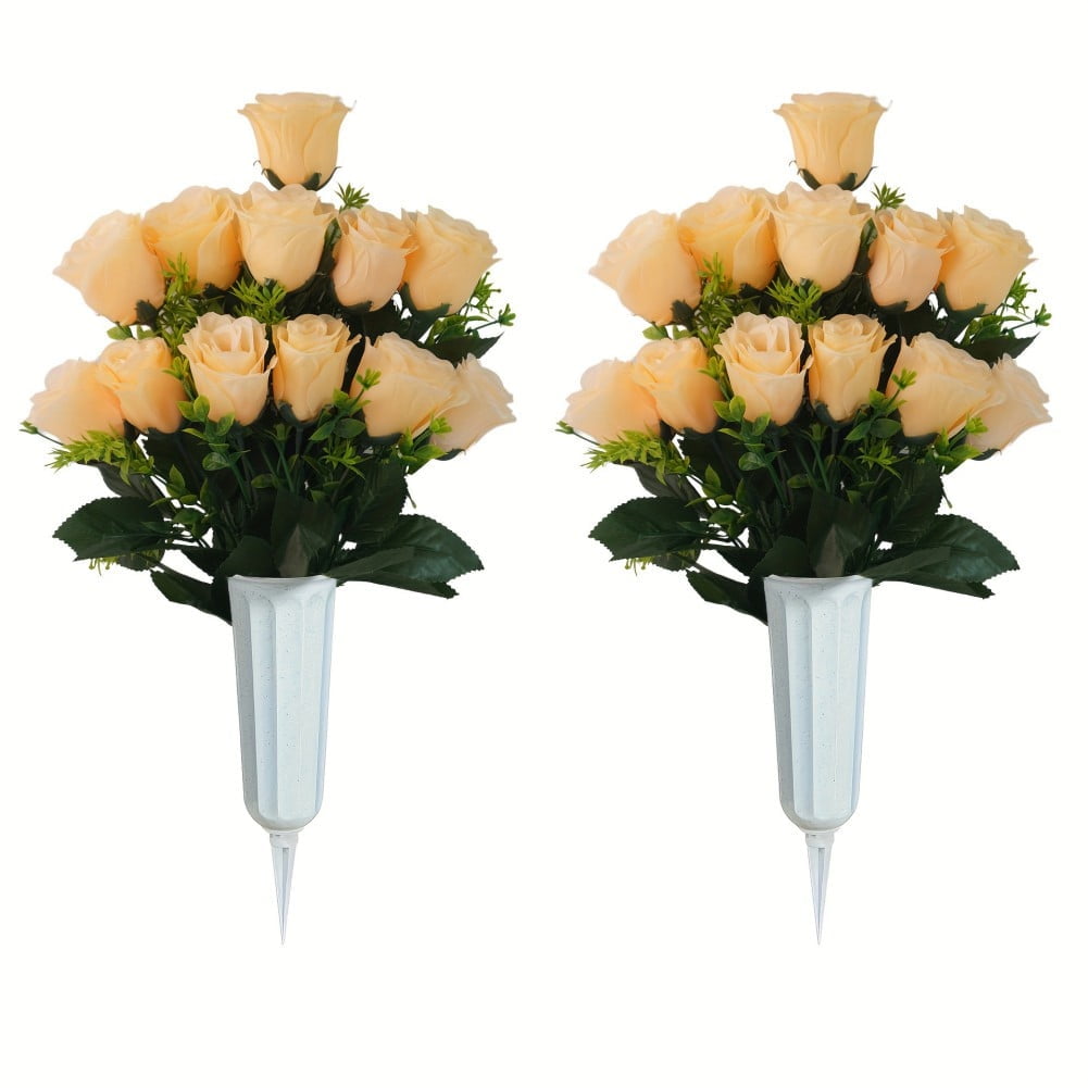 Set Of 2 Artificial Cemetery Flowers With Vases – Silk Rose Bouquets For Gravesite Decoration