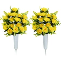 Artificial Cemetery Flowers with Vase, Set of Artificial Rose Bouquet Graveyard Memorial Flowers for Cemetery Headstones Decoration (Yellow-Pcs)
