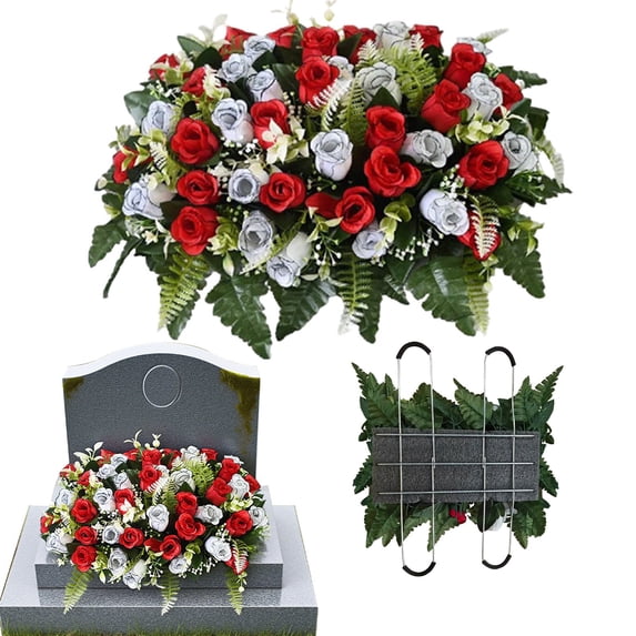 Artificial Cemetery Grave Flowers,Red Silk Rose Memorial Flowers,Headstone Flower Saddle,Non Fading Uv Resistant,Realistic Flower Structure,Easy Installation,Cemetery Tombstone Memorial Decor