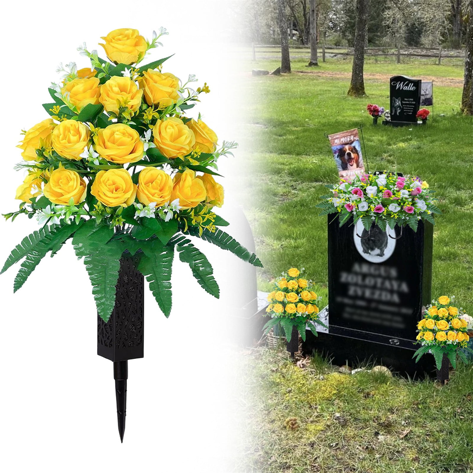 Artificial Cemetery Rose Bouquet with Long Nail Vase Stand, 19.6" Tall Fade-Proof Memorial Flowers, Faux Cloth Roses with Foam Insert, Sturdy Spike for Cemetery & Gravesite Use, By Harlik