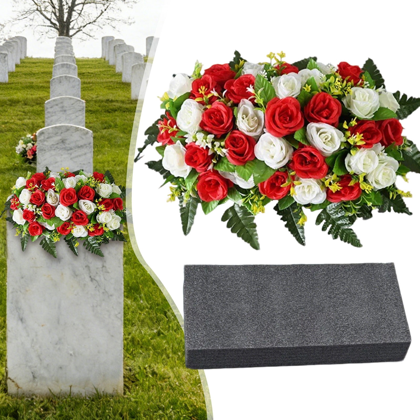 Artificial Cemetery Saddle Flowers, Grave Flowers for Cemetery, Faux Rose Headstone Saddle, Lifelike Memorial Floral Arrangement for Memorial Day, Grave Decorations for Cemetery 1Pcs