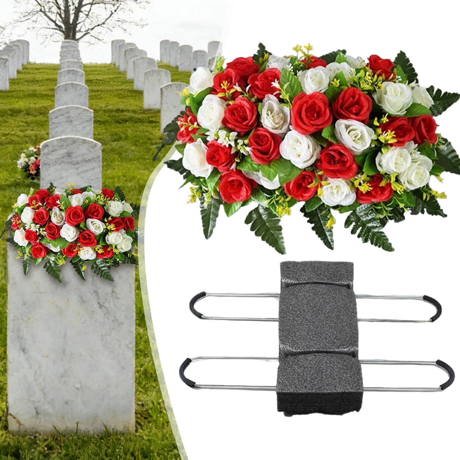 Artificial Cemetery Saddle Flowers, Grave Flowers for Cemetery, Faux Rose Headstone Saddle, Lifelike Memorial Floral Arrangement for Memorial Day, Grave Decorations for Cemetery 1Pcs