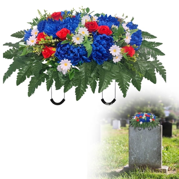 Artificial Cemetery Saddle Flowers Headstone Grave Decoration Silk Rose Mum Floral Arrangement Memorial Saddle Flowers For Grave Tombstone Memorial Day Independence Day Veterans Day Outdoor Decor