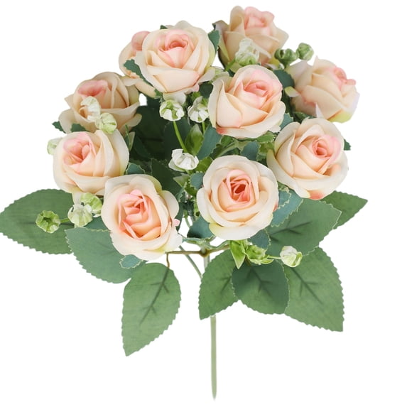 Artificial Champagne Rose Bouquets, Realistic Silk Mini Roses with Baby’s Breath & Green Leaves, Fake Flower Bundles for Wedding, Home Decor, Floral Arrangements, Party Centerpieces, Indoor Use