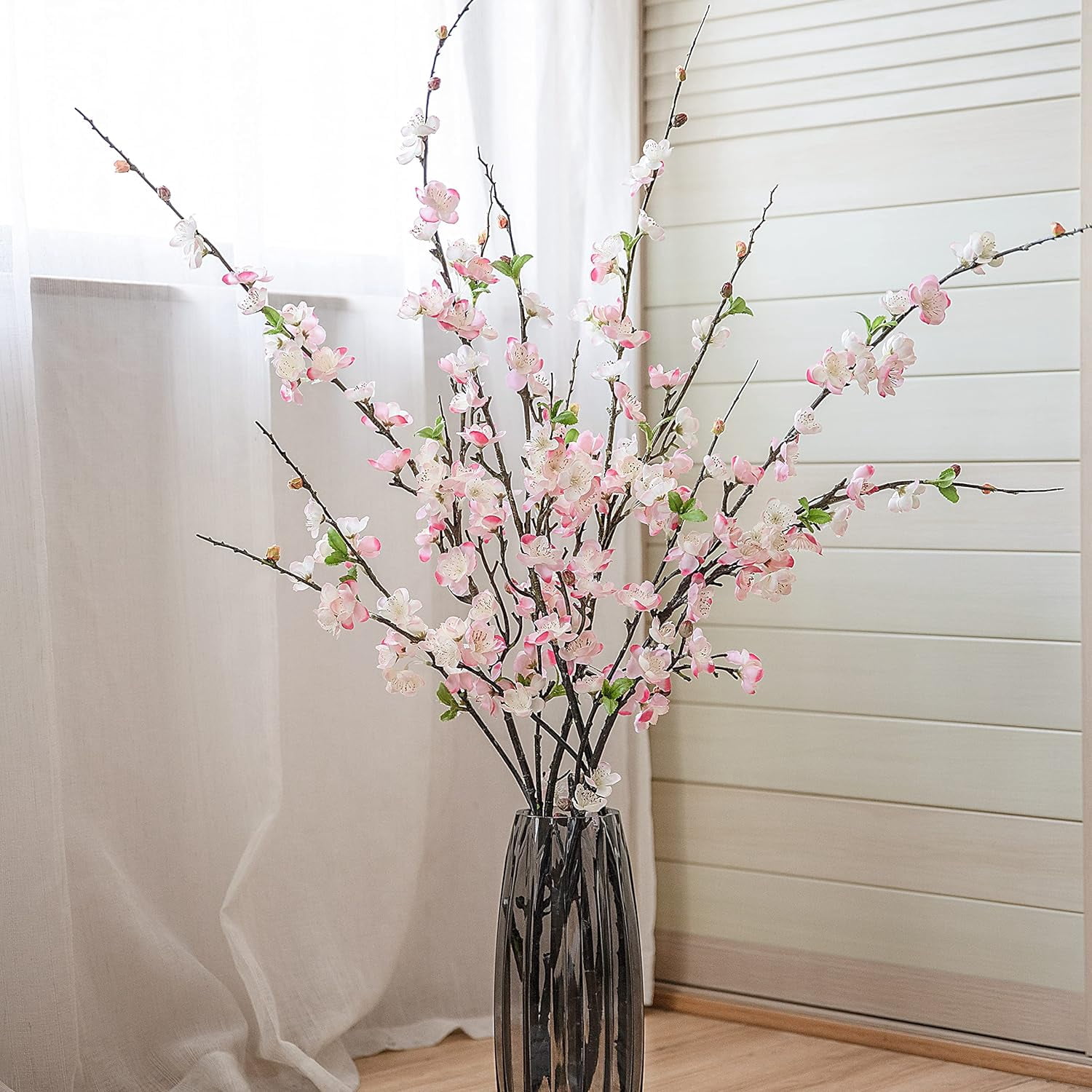 Artificial Cherry Blossom Branches, Faux Fake Plum Flowers Real Touch Boutique Bulk for Home Wedding Office Decoration, 35”Long Stems for Tall Vase (3PCS, White)