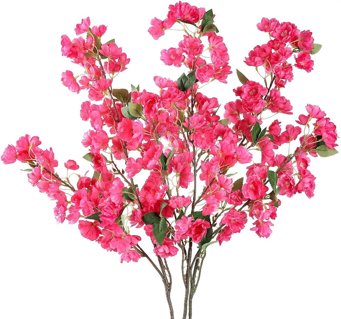 Artificial Cherry Blossom Branches, Faux Fake Plum Flowers Real Touch Boutique Bulk for Home Wedding Office Decoration, 35”Long Stems for Tall Vase (3PCS, White)