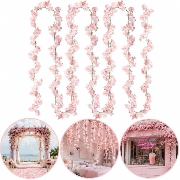 Artificial Cherry Blossom Garland 2 Pack Silk Flower Vines Reusable Floral Garland Flowers for Backdrop, Pink Cherry Blossom Decor for Wedding Arch Home Garden Party Office Decor