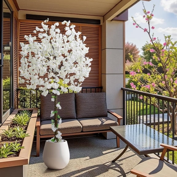 Artificial Cherry Blossom Tree, 6FT Height with 100 LED Lights, Faux Silk Plant in Pot for Home, Office, Wedding, Garden, Party, and Hotel Decorations (White, 6FT)