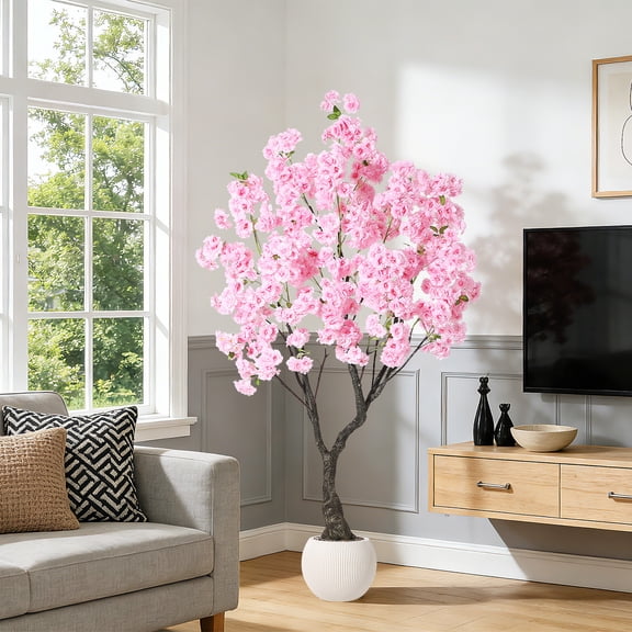 Artificial Cherry Blossom Tree 6FT, Pink Fake Flower Tree for Indoor Decor, Spring Home Living Room Office Entryway Wedding Party, Pink