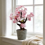 Artificial Cherry Blossom Tree Faux Pink Cherry Tree Natural Trunk Faux Plant with Plastic Planter for Home Office Indoor Tabletop Desk Kitchen Living Room Bedroom