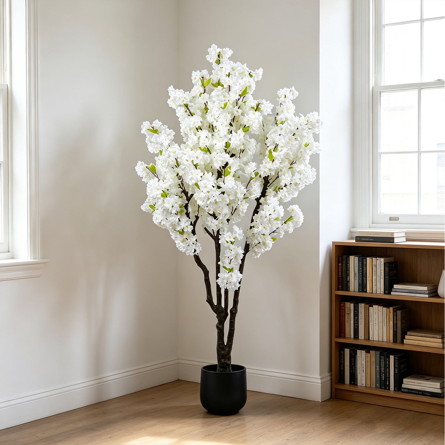 HPNIUB Cherry Blossom Artificial Tree Handmade White Flowers with Faux Leaves Indoor Outdoor Decor for Home Office Spring Party Wedding 6 ft