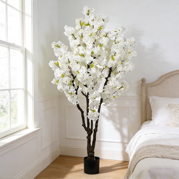 Artificial Cherry Blossom Tree Handmade White Cherry Tree Fake Flower Faux Leaves Plant Artificial Tree for Home Office Indoor Outdoor Spring Party Wedding Decor