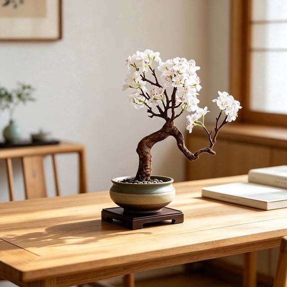 TOARTi Cherry Blossom Bonsai Tree White Natural Trunk Faux Flower With Planter For Home Office Indoor Tabletop Desk Kitchen Living Room 1.25 ft