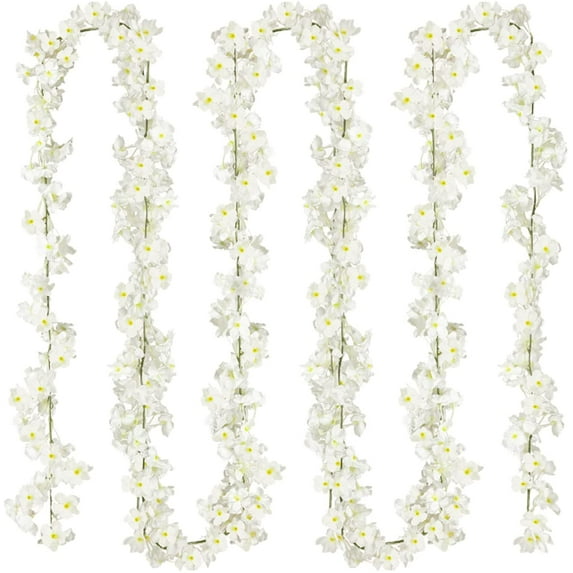 Artificial Cherry Flower Vines 4PCS Fake Hanging Plant Silk Flowers Garland for Home Wedding Garden Party Arch Office Decor, White