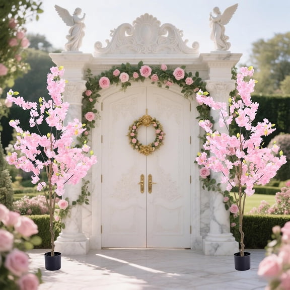 Artificial Cherry Tree Decor: 6FT Tall Handmade Lifelike Pink Faux Cherry Tree - Realistic Silk Fake Flower Sakura Tree for Party Wedding Christmas Indoor Outdoor Home Decor