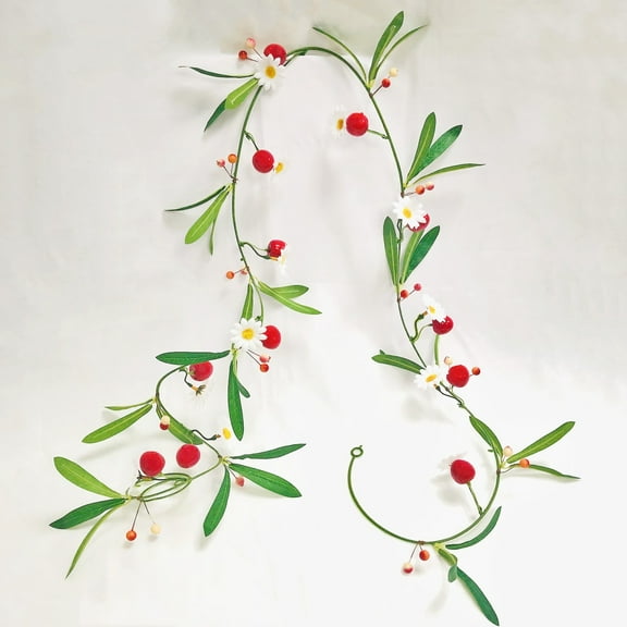 Artificial Cherry Vine, Fake Fruit Cherry White Flower Berries Hanging Vines Plant Garland Wreath for Home Garden Wedding Party Christmas Tree Art Fence Decoration