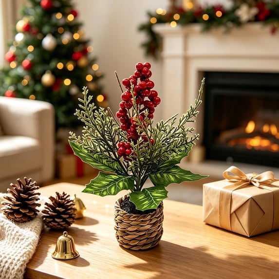 Artificial Christmas Berry plants Ornament Tabletop Scene Decor for Living Room Bedroom Desk, Multicolor Holiday Accent, 7.87 In