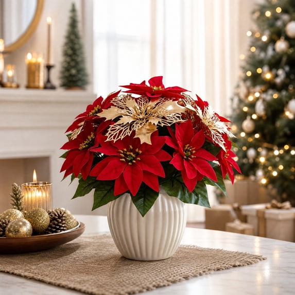 Artificial Christmas Bouquet - Red Poinsettia for Vase, Table, and Holiday Decor