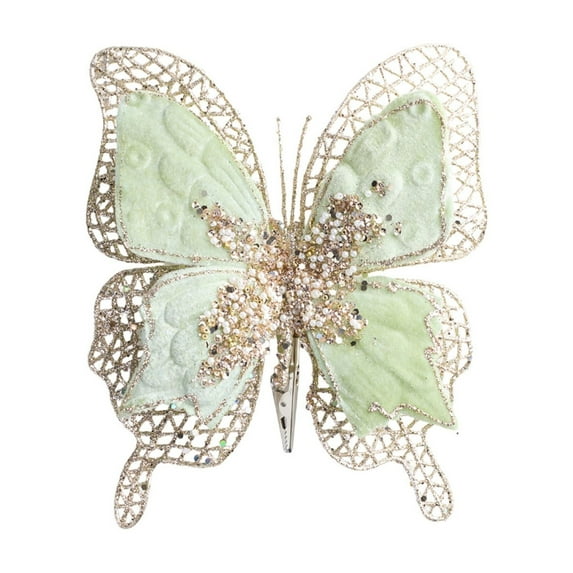 Artificial Christmas Butterfly Ornament with Clip Glitter Decoration for Xmas Tree Wreath Garland Wedding Party Decor, Flexible Wired Stem, Durable Plastic and Fabric