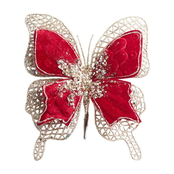 Artificial Christmas Butterfly Ornament with Clip Glitter Decoration for Xmas Tree Wreath Garland Wedding Party Decor, Flexible Wired Stem, Durable Plastic and Fabric