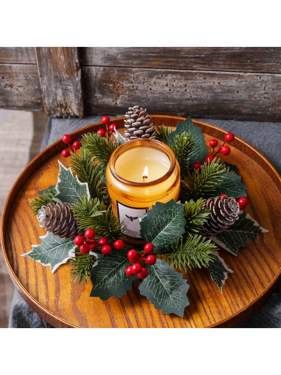 Artificial Christmas Candle Ring Wreath Faux Pinecone Red Berry Centerpiece Ring for Pillar Candles and Vases