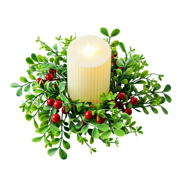 Artificial Christmas Candle Rings 3 Inch, Small Wreath for Pillar Candles with Green Leaves Berries, Holiday Wedding Table Centerpieces Floral Candle Ring Holder Winter Home Decor