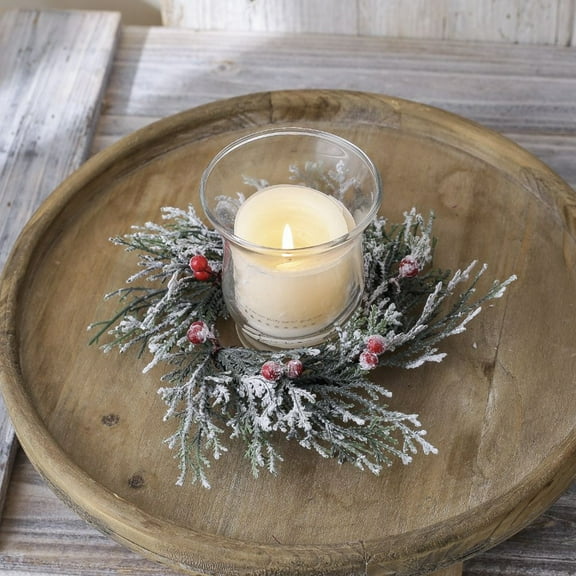Artificial Christmas Candle Rings Cedar Pine Garland Wreaths with Red Berries Pine Needles Candle Ring Holder for Christmas Winter Wedding Holiday Table Centerpiece Decorations
