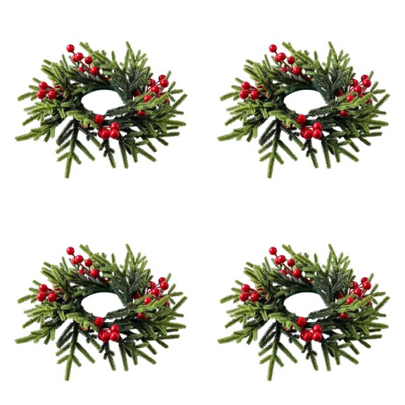 Artificial Christmas Candle Rings with Green Leaves & Berries, 3 Inch Candle Wreath Center for Pillar Candles, Holiday Table Centerpieces & Winter Home Decor