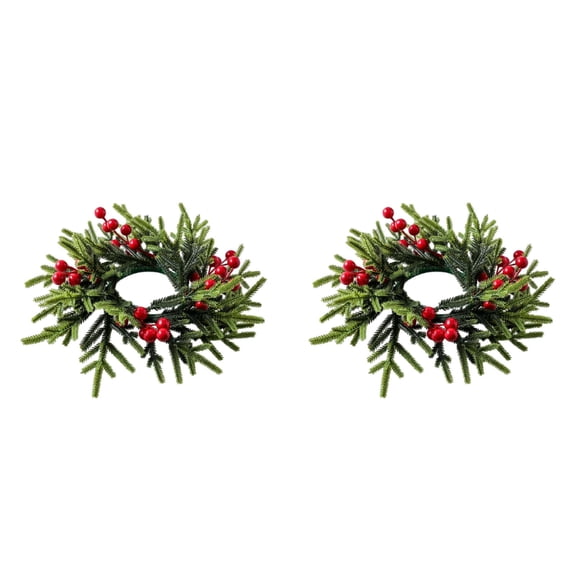 Artificial Christmas Candle Rings with Green Leaves & Berries, 3 Inch Candle Wreath Center for Pillar Candles, Holiday Table Centerpieces & Winter Home Decor