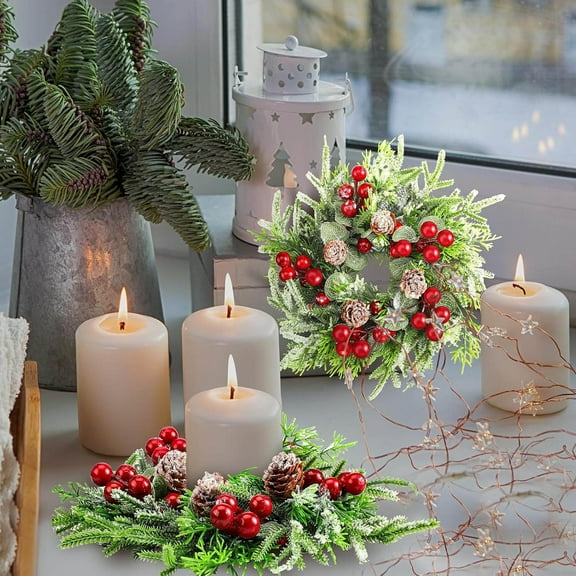 Artificial Christmas Candle Rings with Red Berries and Pinecones Snowy Pine Garland Wreath for Pillar Candle Holder Winter Wedding Table Centerpiece Holiday Decor for Mantel Door and Cabinet