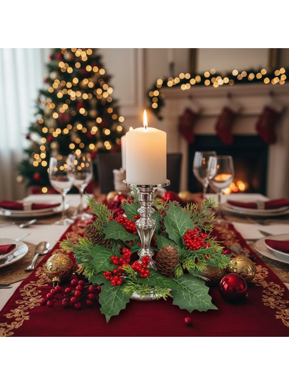 Artificial Christmas Candle Rings with Pinecones and Berries