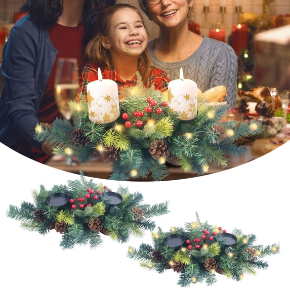 Artificial Christmas Centerpiece 26 Inch with LED Candle Holders Battery Operated String Lights Artificial Berries Pine Cones Rustic Table Decor for Kitchen Indoor Home