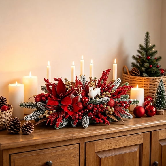 Artificial Christmas Centerpiece With Deer Red Poinsettia Berries Snowy Pine Branches,Indoor Outdoor Table Fireplace Mantel Decor,Xmas Candle Holder Flower Cluster Decorations For Holiday Home Party