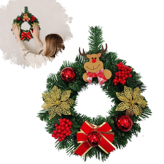 Artificial Christmas Door Wreath, 12 Inch Pine Leaf Holiday Wreath Decorated with Christmas Balls, Bows and Berry Clusters, Indoor & Outdoor Front Door Christmas Decoration, 1 Pc