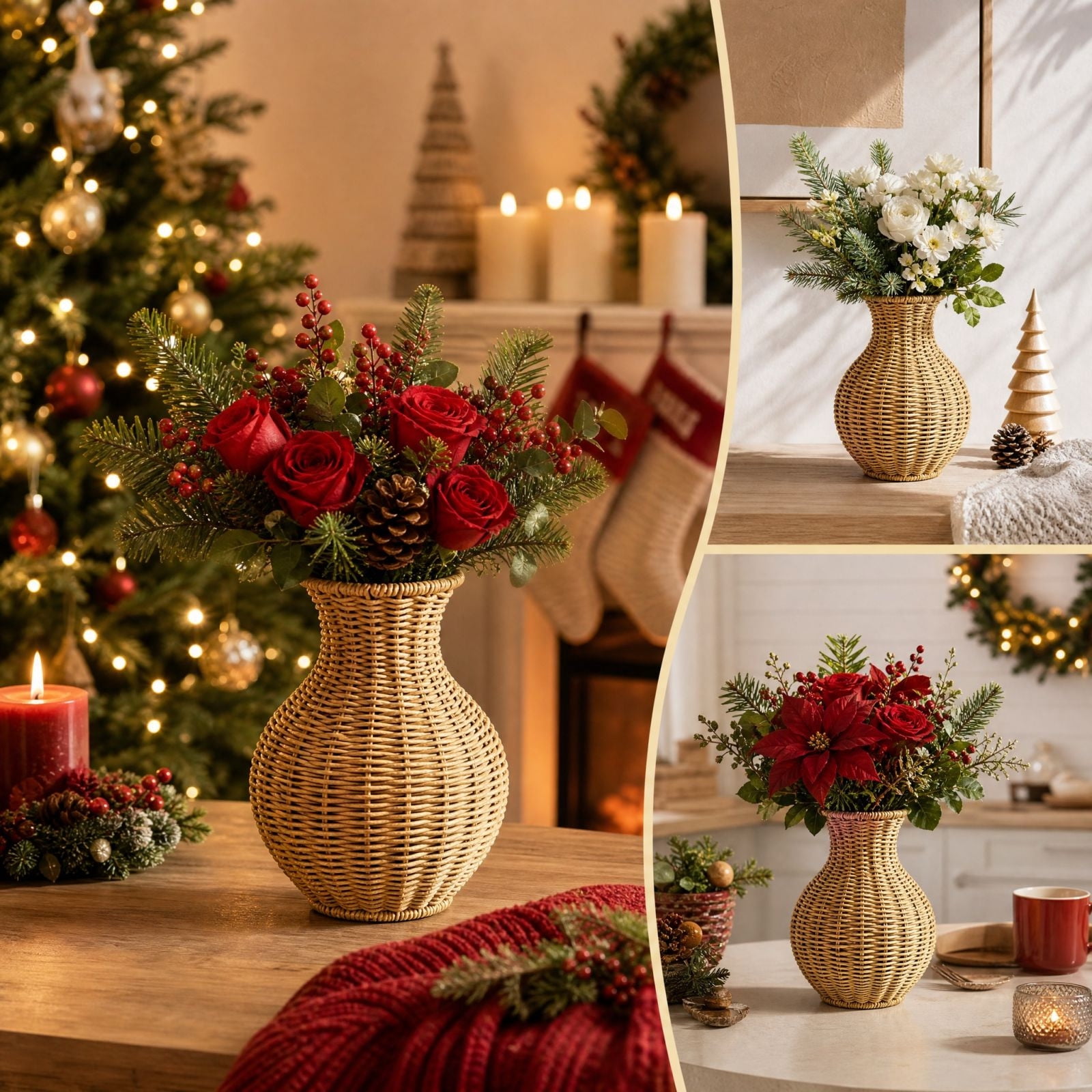 Artificial Christmas Floral Arrangement with Woven‑Look Vase for ...