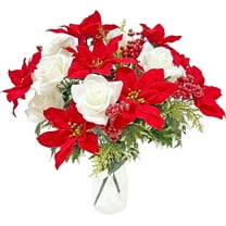 Artificial Christmas Floral Bouquet Tutuviw 12 Stems Red Velvet Poinsettia, White Roses & Berries 17in Faux Poinsettia Bush Red Christmas Flower Bouquet Decoration for Table Vase Xmas Party(No Vase)