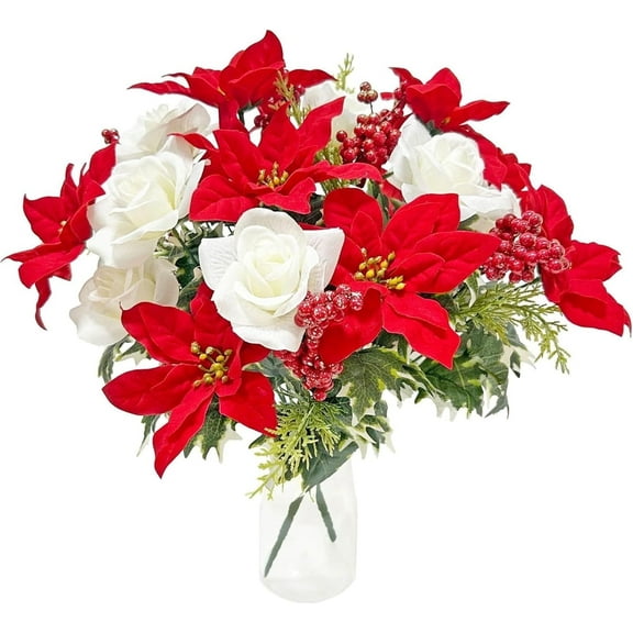 Artificial Christmas Floral Bouquet Tutuviw 12 Stems Red Velvet Poinsettia, White Roses & Berries 17in Faux Poinsettia Bush Red Christmas Flower Bouquet Decoration for Table Vase Xmas Party(No Vase)