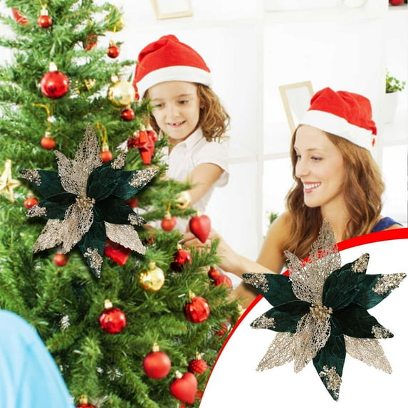 Artificial Christmas Flower Spray Glitter Picks for Tree Decor, Festive Floral Stems for Table Centerpiece, Winter Home Celebration Decorations(Green)