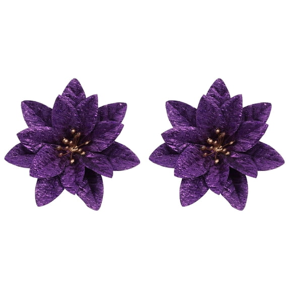 Artificial Christmas Flowers 2Pcs Glitter Poinsettia Cloth Flowers for Tree Wreath Garland Centerpiece Holiday Decor Purple