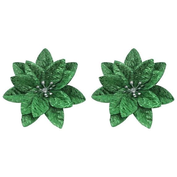 Artificial Christmas Flowers 2Pcs Green Glitter Poinsettia Cloth Floral Decorations for Wreath Tree Garland Holiday Decor